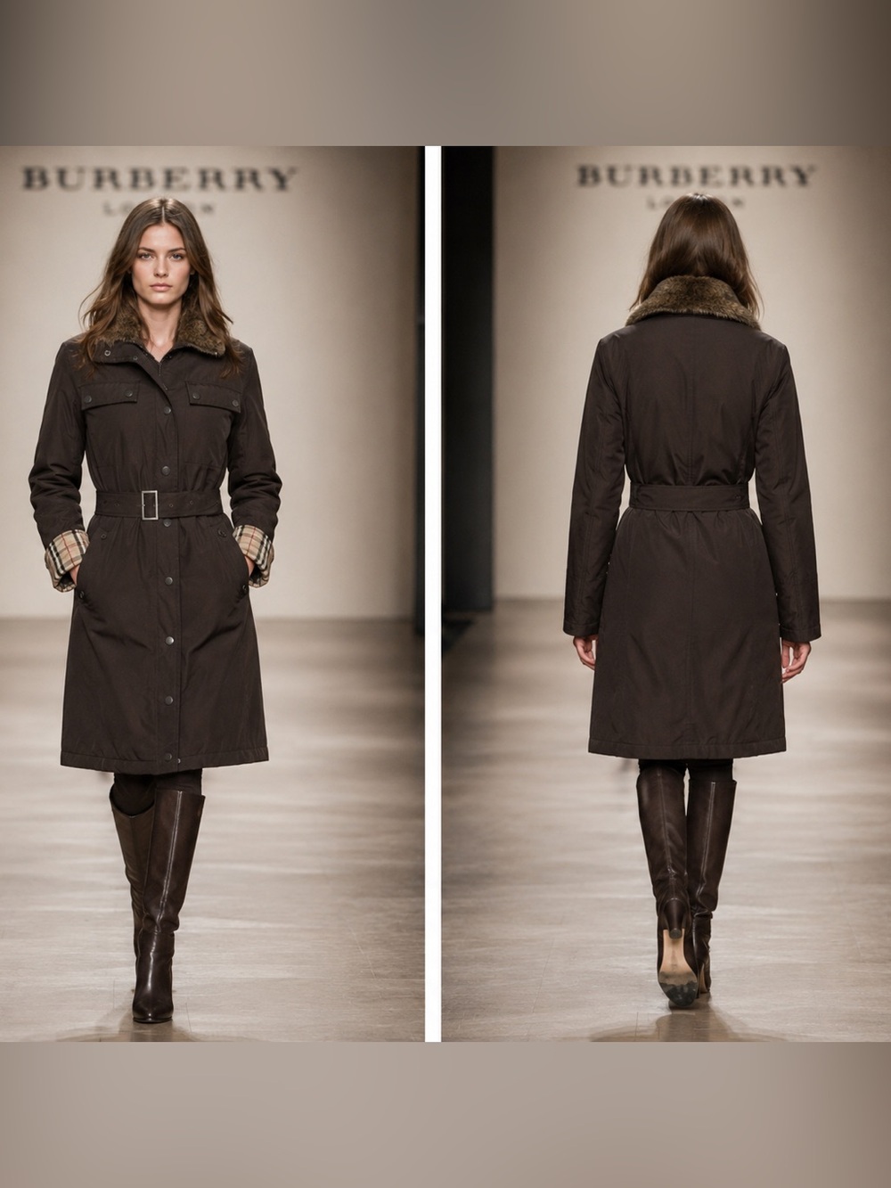 Burberry London Brown Belted Coat XS Rabbit Fur Collar Nova Check